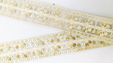 Nine Yards White Net Lace Trim Floral Embroidered With Gold Sequins, Sequinned Trim, Wedding Trim Bridal Trim